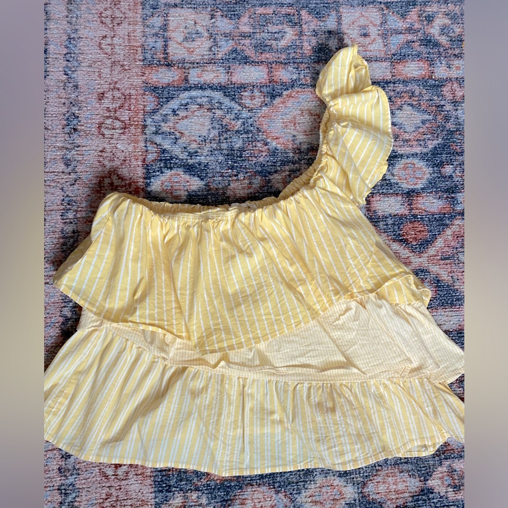 Maeve by Anthropologie—one shoulder ruffled yellow and white stripe top